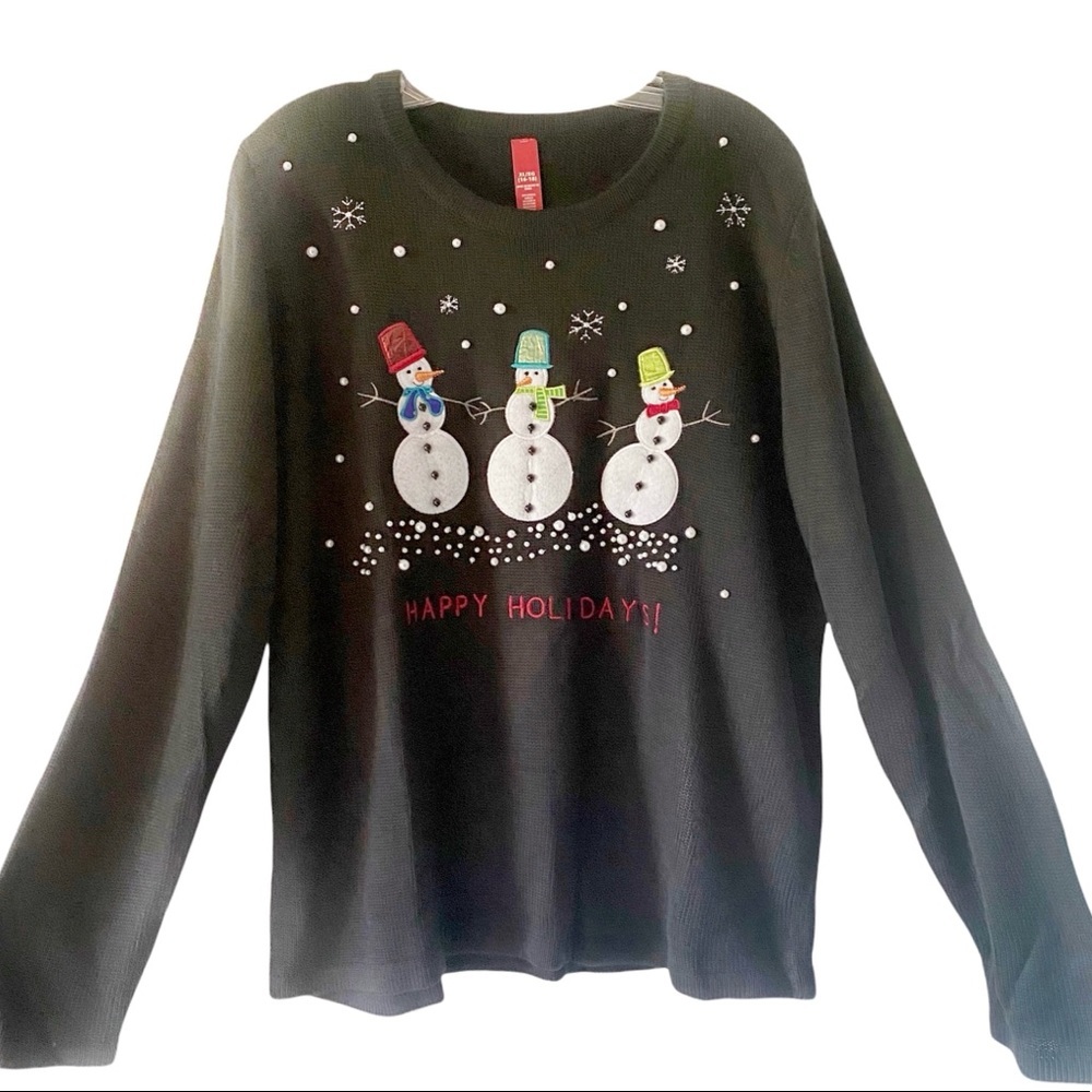 Holiday Time Womens Ugly Christmas Sweater Black Beaded Snowman Happy Holidays